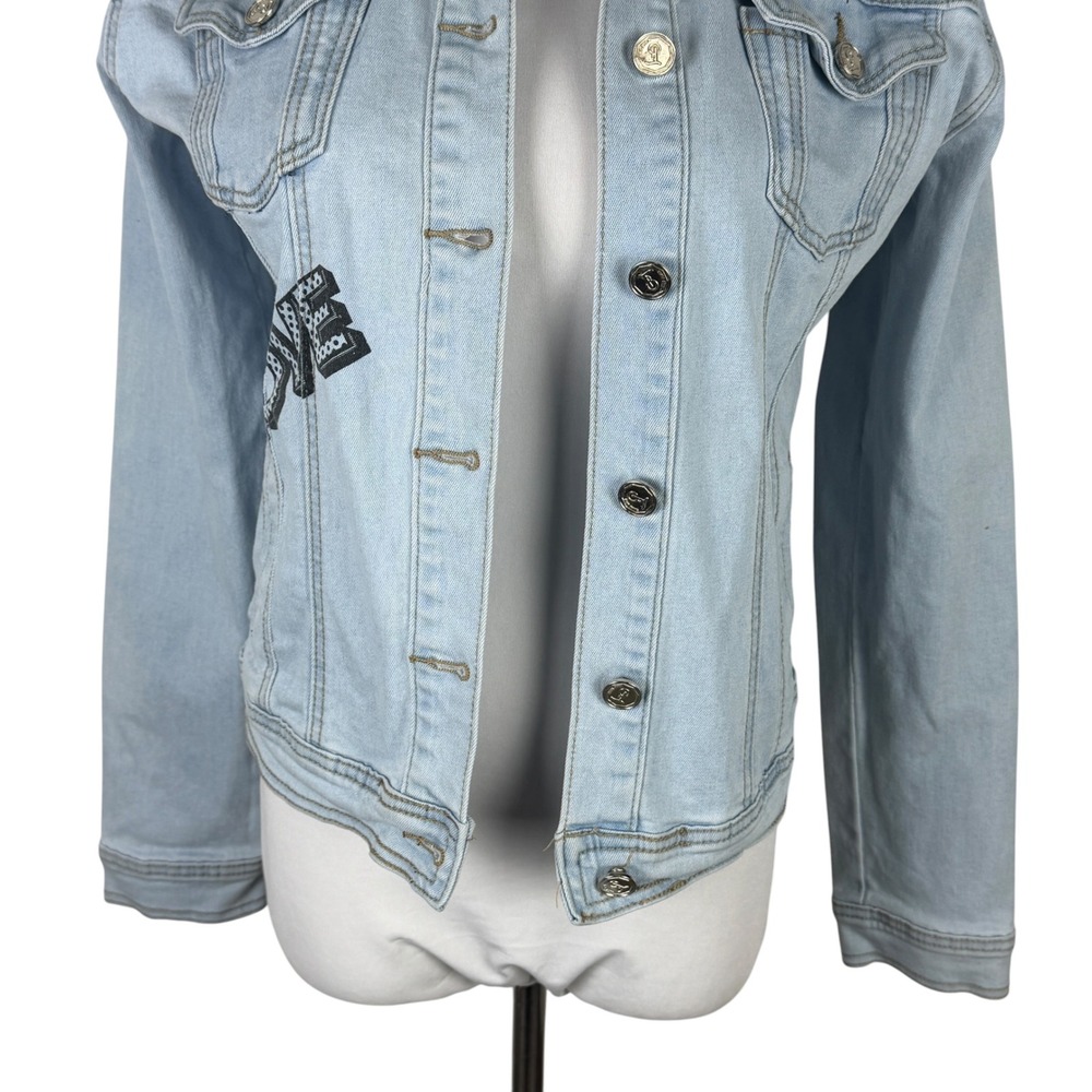 Blue Topic Women's Small Girl Power Comic Graphic Denim Jacket Light Wash - Picture 3 of 12